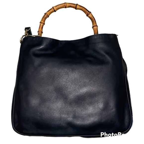 Gucci Handbags - Authentic Gucci Vintage Navy Blue Leather Bamboo Handle Two Way Large Tote Bag